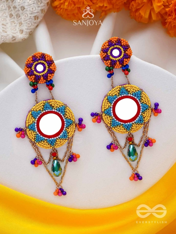 Rashmivat - The Golden Sun - Mirrors, Resham And Beads Hand Embroidered Earrings