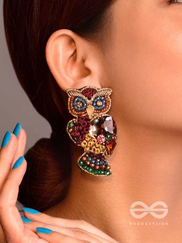 Krushika - The Majestic Owl - Stones, Resham And Beads Hand Embroidered Earrings