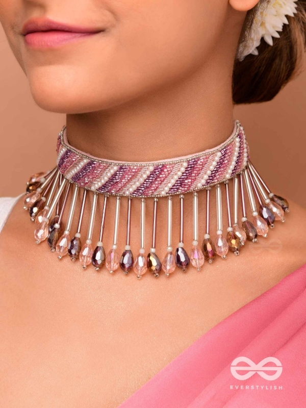 Plaksha - The Tulip Garden - Beads, Cutdana And Glass Drops Hand Embroidered Choker Neckpiece