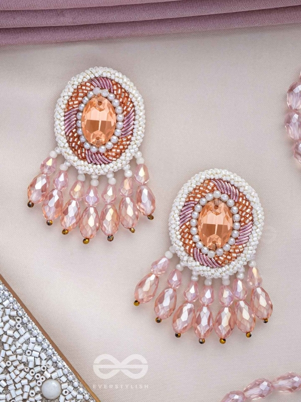 Praatika - The Pink Rose - Stone, Cutdana And Glass Drops Hand Embroidered Earrings