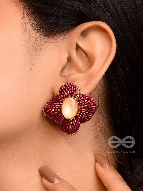 Raagana- The Crimson Bloom- Stones Embroidered Stud Earrings