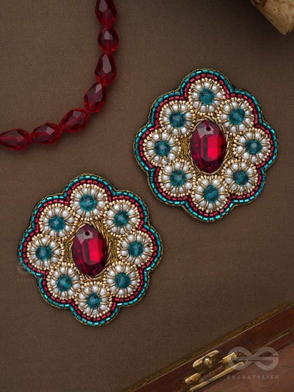 Stibhi - Treasures Of Ruby - Dabka, Stone And Beads Hand Embroidered Earrings