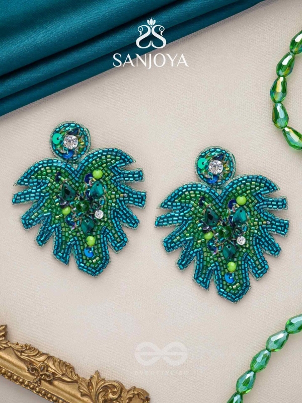 Parnin - The Verdant Leaf - Stones, Sequins And Cutdana Hand Embroidered Earrings