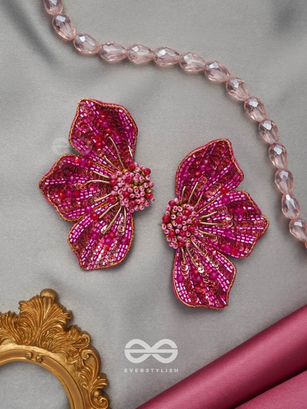 Prasthika- The Crimson Hibiscus- Sequins And Beads Embroidered Stud Earrings