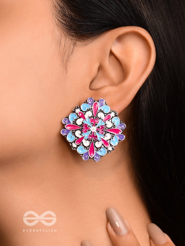 The Floral Fantasy - Oxidised Statement Stud Earrings (Crimson, Violet & Sky Blue)