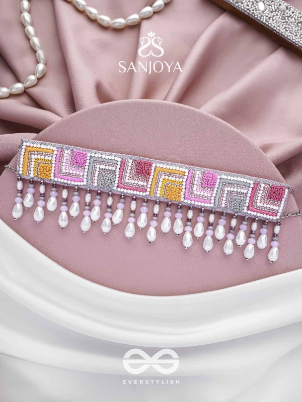 Karmuka - The Jazzy Rainbow - Resham, Beads And Glass Drops Hand Embroidered Choker Neckpiece