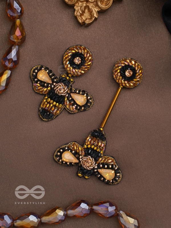 Saaragha - Pair Of Honeybees - Stones, Cutdana And Beads Hand Embroidered Earrings