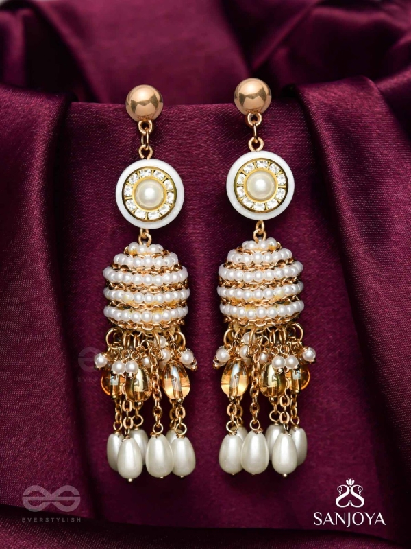 Aindava - The Moonlit Orbits - Stones, Beads And Pearl Drops Hand Embroidered Earrings
