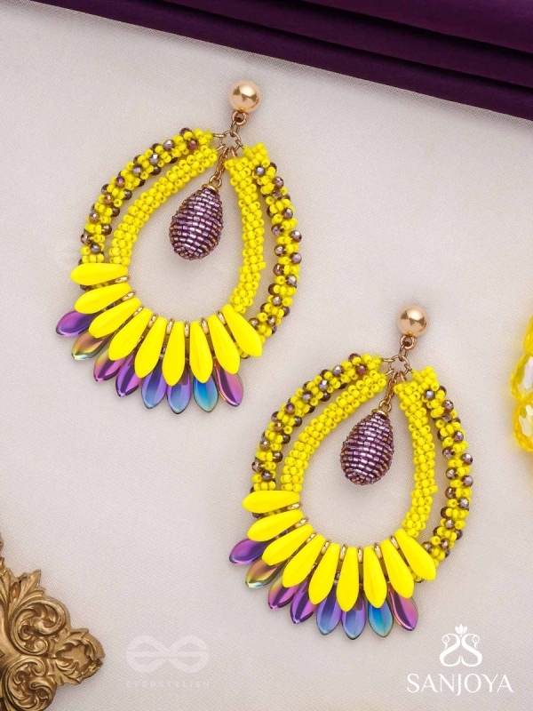 Atidah - Blazing Fierce - Beads And Cutdana Hand Embroidered Earrings (Yellow & Purple)