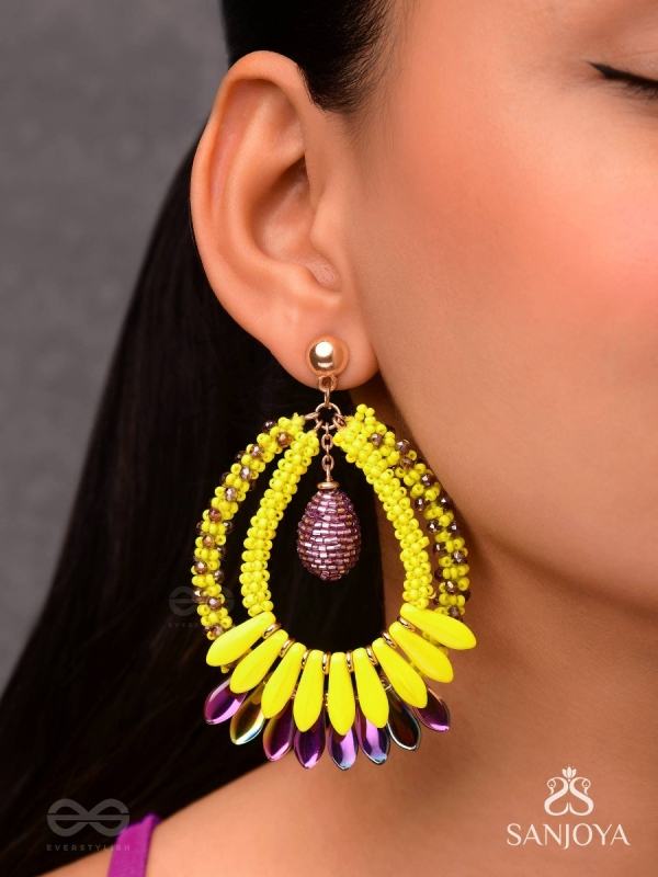 Atidah - Blazing Fierce - Beads And Cutdana Hand Embroidered Earrings (Yellow & Purple)