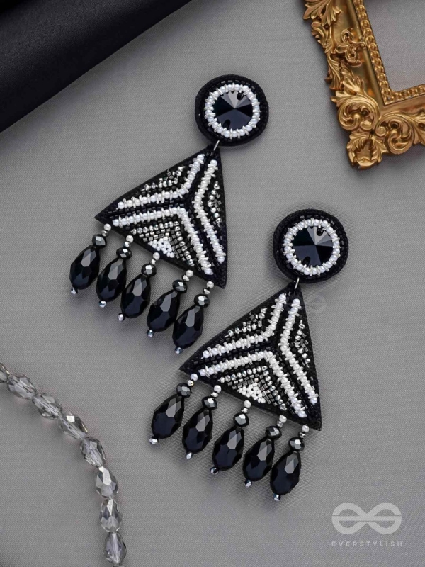 Shwetaka - The Gleaming Night - Stone, Beads And Glass Drops Hand Embroidered Earrings (Black & White)