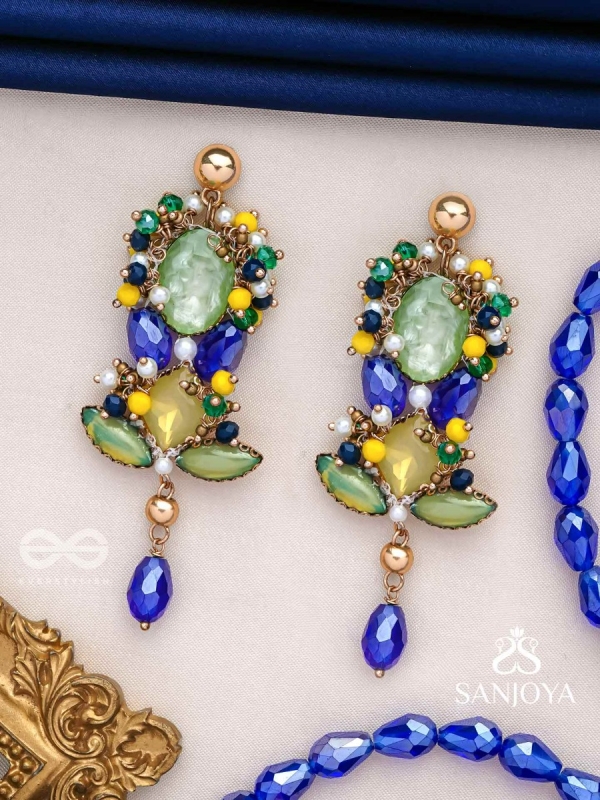 Srotah - The Castle Waves - Stones, Beads And Glass Drops Hand Embroidered Earrings