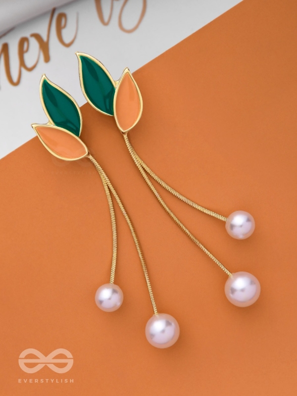 ALWAYS AN ANGEL - PEARL & ENAMELLED EAR JACKETS (GOLD AND GREEN)