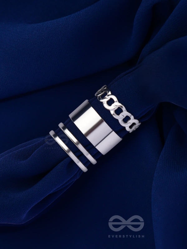 BANDS N CHAINS- SET OF 3 ADJUSTABLE SILVER RINGS