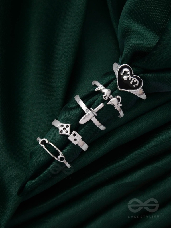 ALL ABOUT LOVE AND WAR - SET OF 5 SILVER RINGS