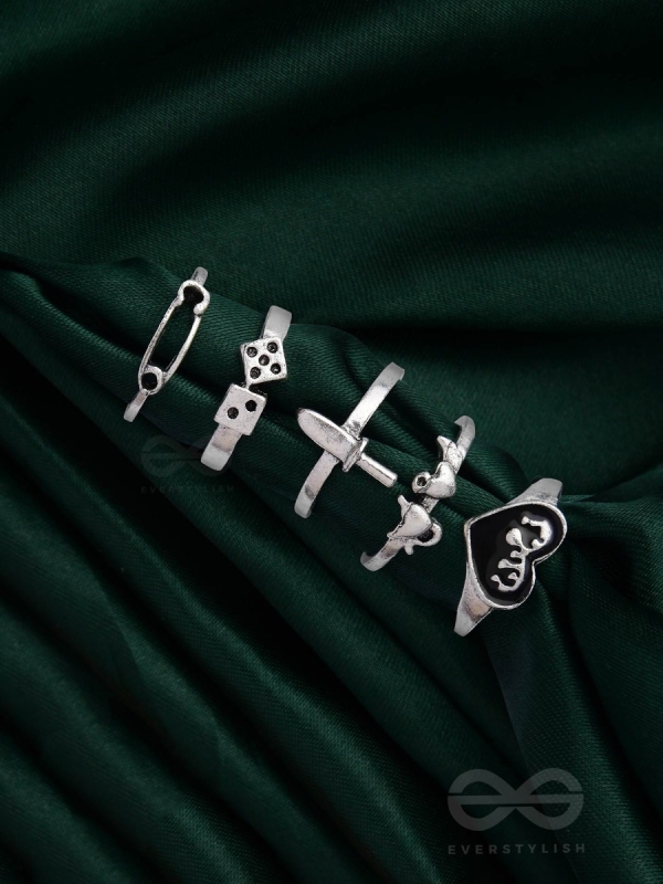 ALL ABOUT LOVE AND WAR - SET OF 5 SILVER RINGS