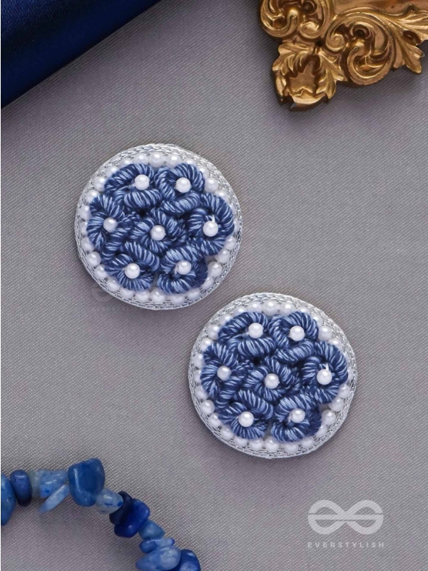 VARALI - THE LUSH MEADOW - PEARL AND THREAD EMBROIDERED EARRINGS (BLUE)