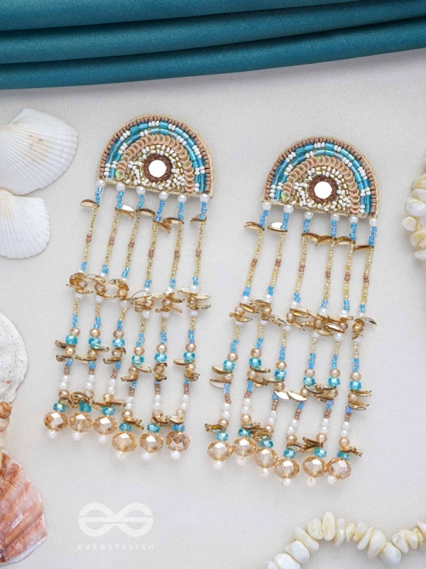 Ambudhara - The Rainstream - Sequins, Beads And Mirror Hand Embroidered Earrings (Blue & Gold)