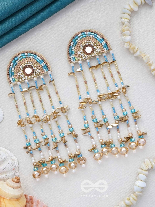 Ambudhara - The Rainstream - Sequins, Beads And Mirror Hand Embroidered Earrings (Blue & Gold)
