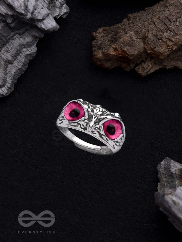 A KNOW-IT-OWL - PINK EYED SILVER RING
