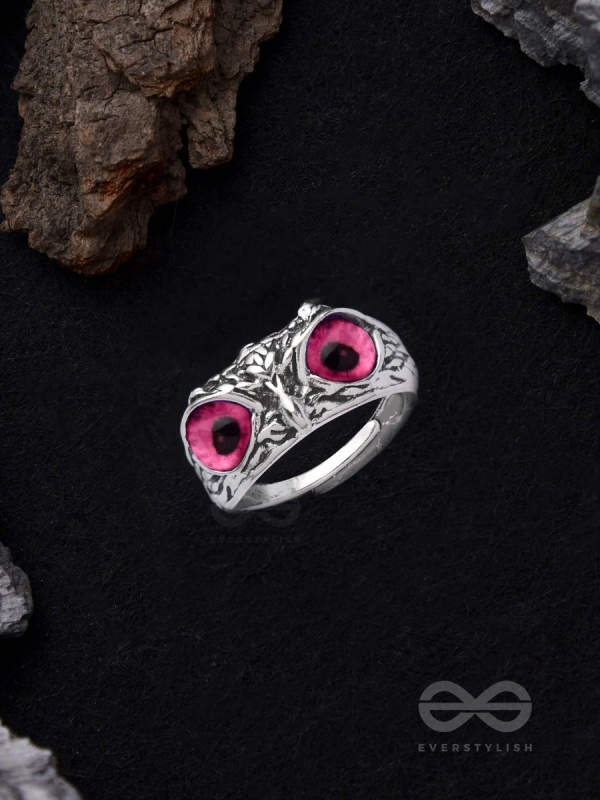 A KNOW-IT-OWL - PINK EYED SILVER RING