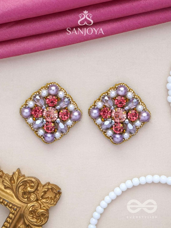 AMANITA - THE HUMBLE GRACE - STONE, BEADS AND PEARLS EMBROIDERED STUD EARRINGS 