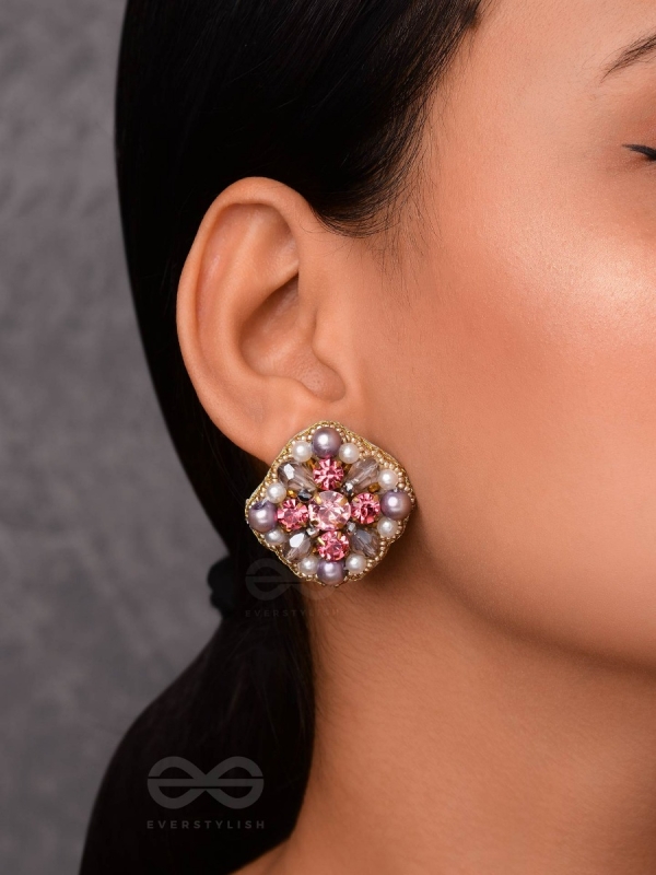 AMANITA - THE HUMBLE GRACE - STONE, BEADS AND PEARLS EMBROIDERED STUD EARRINGS 