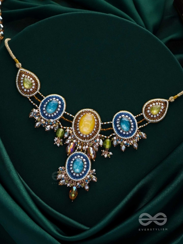 Suvibhushita - Adorned With Splendor - Stones, Glass Drops And Beads Hand Embroidered Neckpiece
