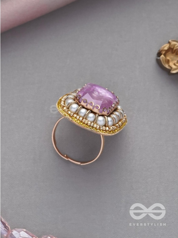 Prakdhipta - Studded With Stone - Stone And Pearls Hand Embroidered Stud Ring (Purple)