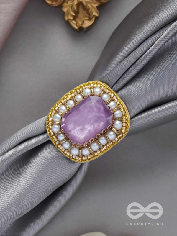 Prakdhipta - Studded With Stone - Stone And Pearls Hand Embroidered Stud Ring (Purple)