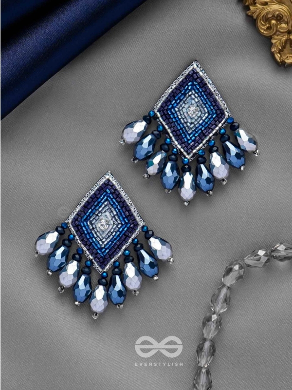 YASAS - THE ILLUMINATED FAME- STONE, CUT DANA AND GLASS DROPS EMBROIDERED EARRINGS (BLUE)