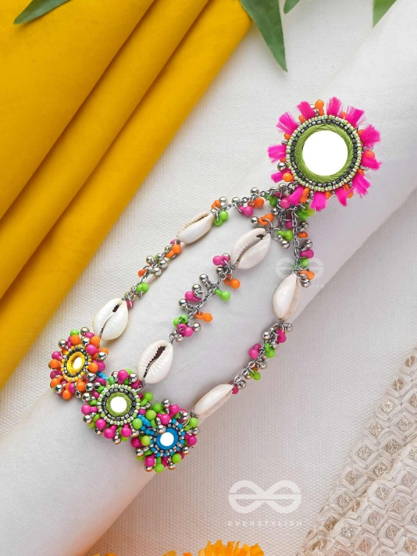 Sudarpana - Colorful Reflection - Resham, Shells And Beads Hand Embroidered Haathphool