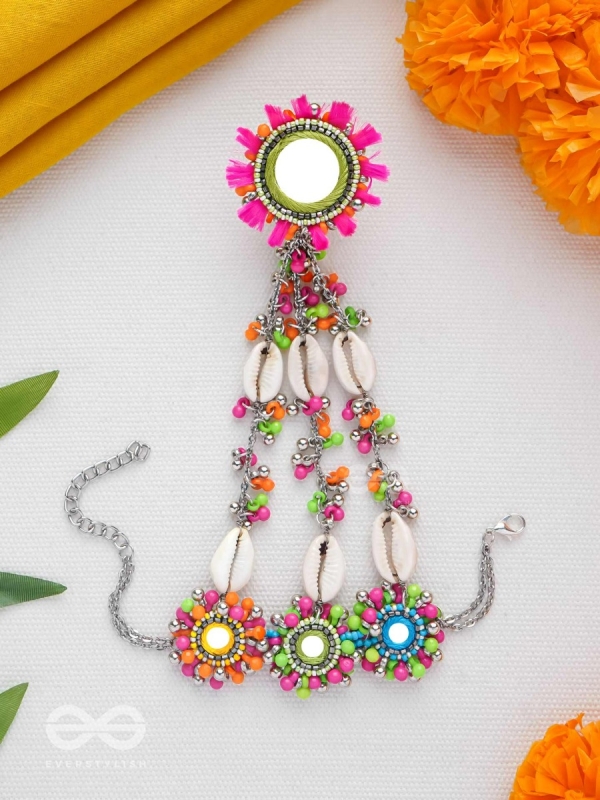Sudarpana - Colorful Reflection - Resham, Shells And Beads Hand Embroidered Haathphool