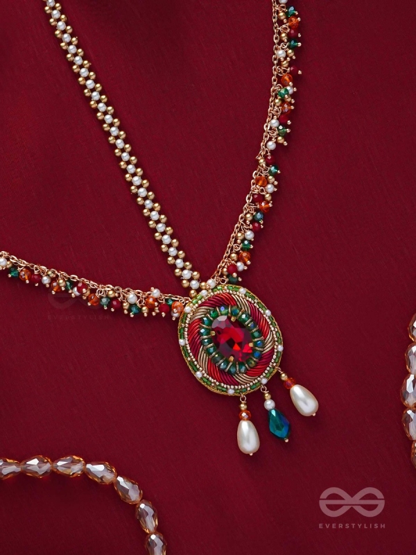MADHUVARDHA - A RED CLOUD - STONE AND BEADS EMBROIDERED MAANGTIKA