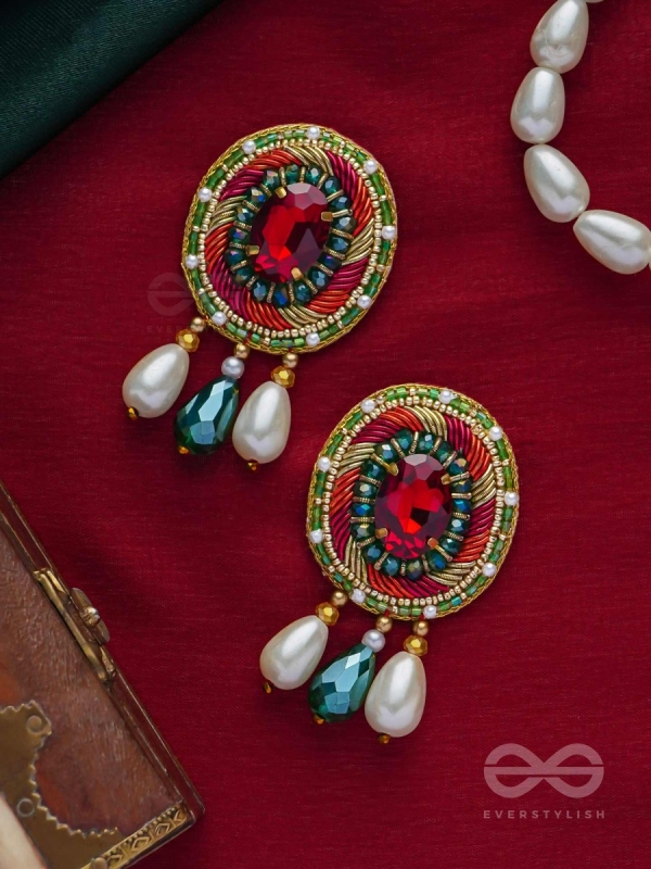 ARUNRATNA - THE RED GEM - BEADS, PEARLS AND STONE EMBROIDERED EARRINGS (MULTICOLOR)