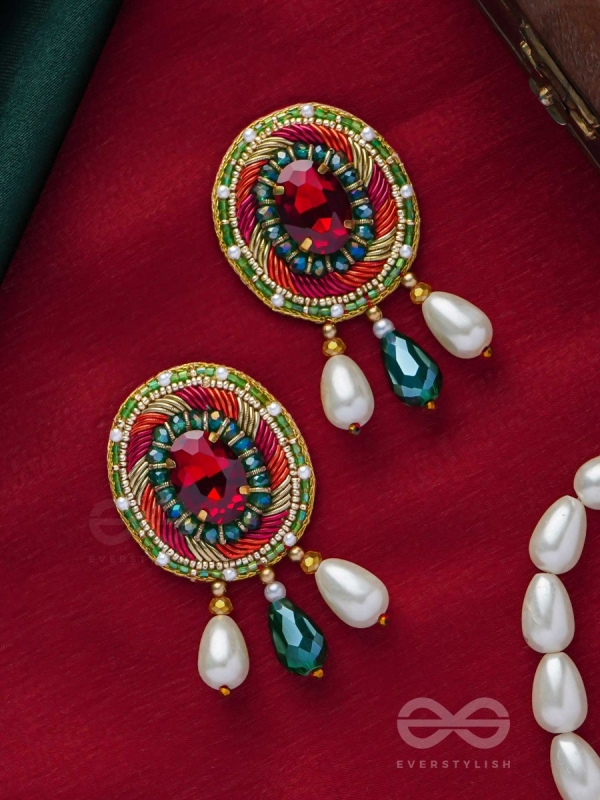 ARUNRATNA - THE RED GEM - BEADS, PEARLS AND STONE EMBROIDERED EARRINGS (MULTICOLOR)