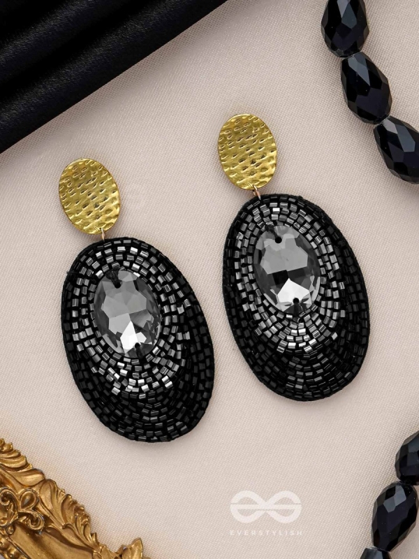 ASHMAK - THE DUSKY STONE - STONE AND CUTDANA EMBROIDERED EARRINGS (BLACK)