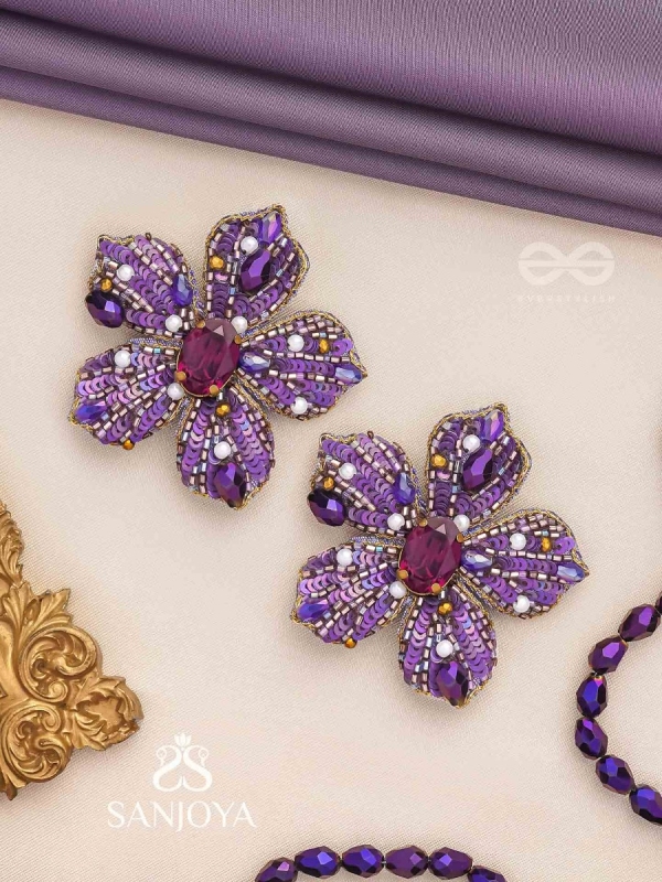 SVABHĀVIKA - THE NATURAL GRACE - STONE, SEQUINS AND PEARLS EMBROIDERED EARRINGS (PURPLE)