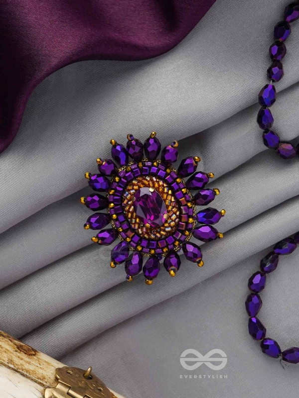 UDYOTINI - TWINKLING RADIANCE - STONE, BEADS AND GLASS DROPS EMBROIDERED RING (PURPLE)