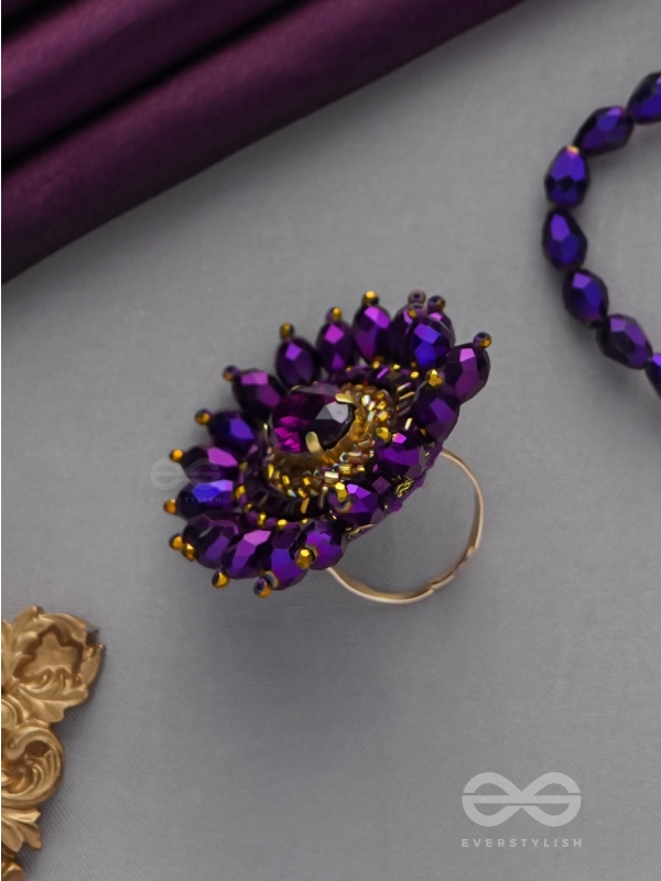 UDYOTINI - TWINKLING RADIANCE - STONE, BEADS AND GLASS DROPS EMBROIDERED RING (PURPLE)