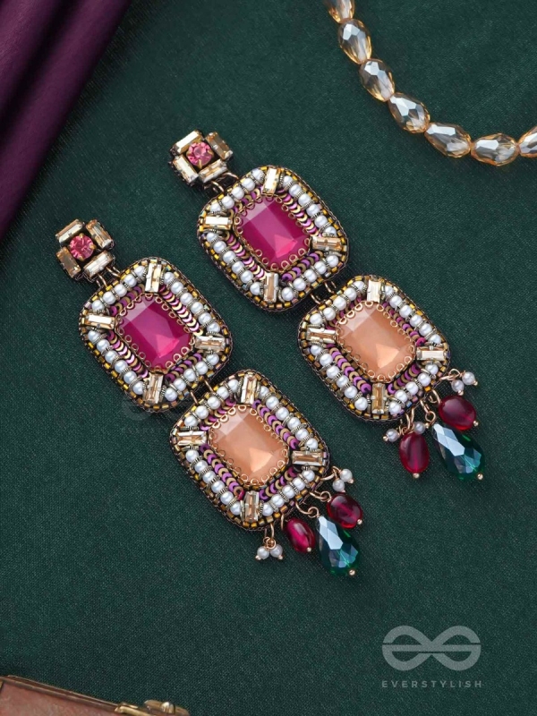 Ananyadharana - The Exclusive Adornment - Stones, Beads And Glass Drops Hand Embroidered Earrings