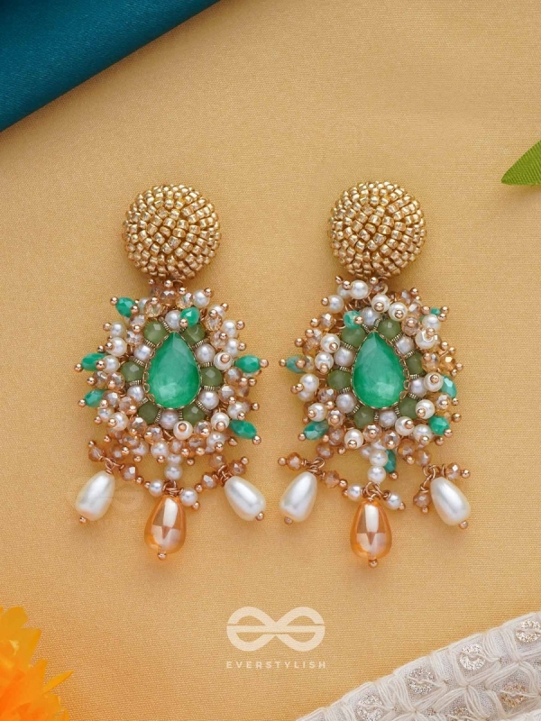 Vaichitrii - Marvellous Beauty - Stone, Beads And Glass Drop Hand Embroidered Earrings