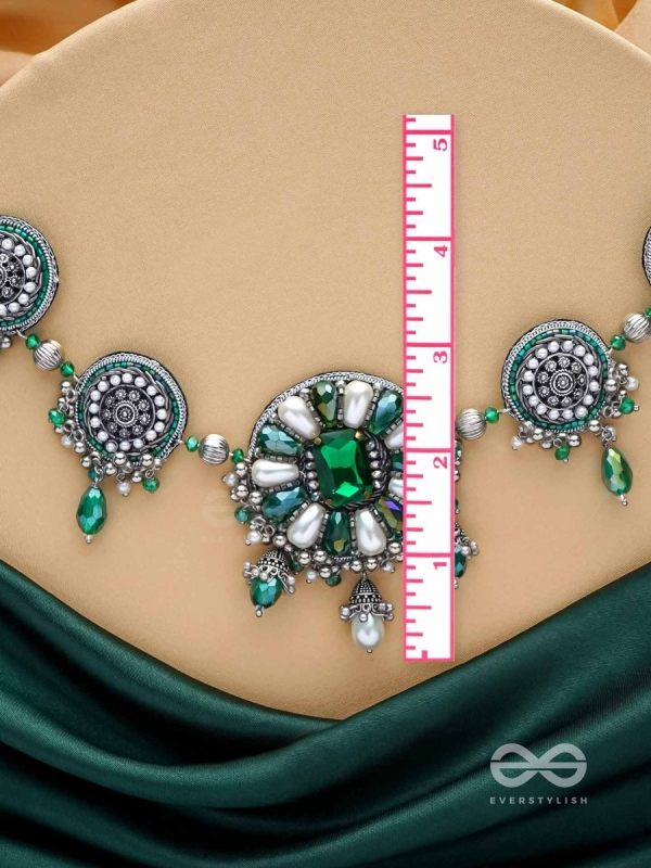 PRADHI - MOON LIKE ELEGANCE - GLASS DROPS, STONES AND PEARLS EMBROIDERED AND OXIDISED NECKPIECE