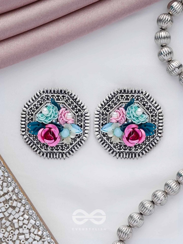 UDYANAKALA - GARDEN OF ART - SEQUINS AND PEARLS EMBROIDERED AND OXIDISED STUD EARRINGS