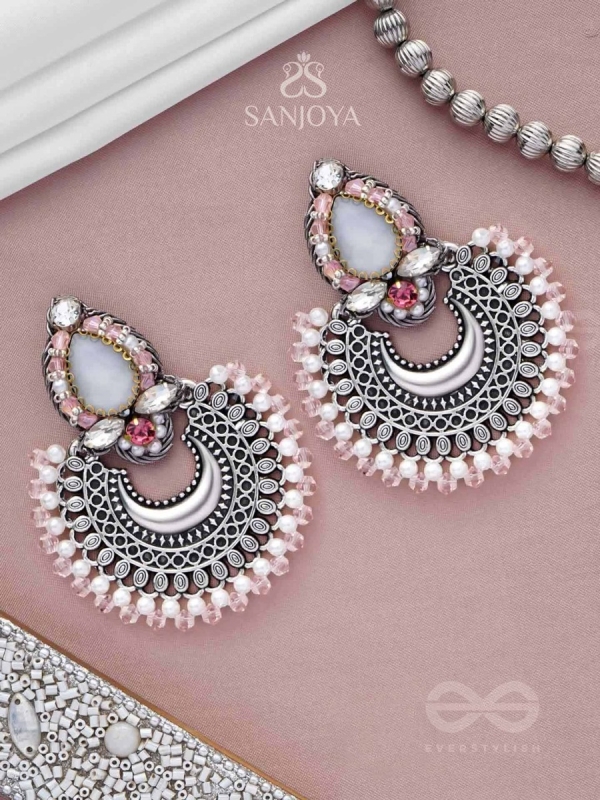 Chandrabhaas - Moon Like Appearance - Beads And Stones Hand Embroidered Oxidised Earrings