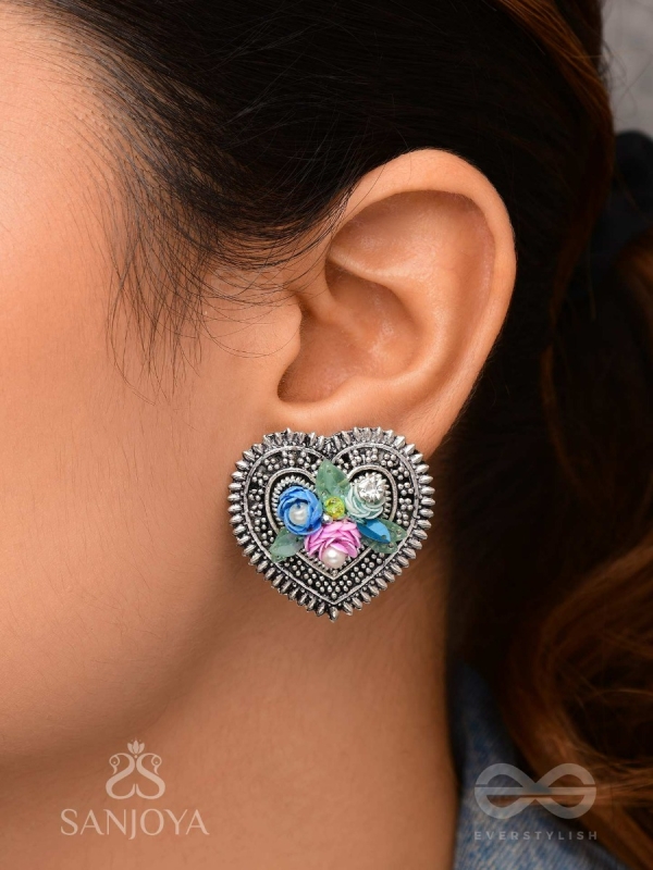 KUSUMAVARTA - THE HEART OF FLOWERS - SEQUINS, BEADS AND PEARLS EMBROIDERED AND OXIDISED STUD EARRINGS