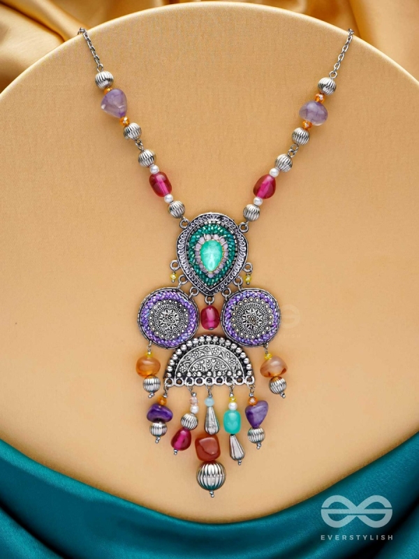 CHITRAVARNA - THE COLORFUL CHARMS - STONE AND GLASS DROPS EMBROIDERED AND OXIDISED NECKPIECE (MULTICOLOR)
