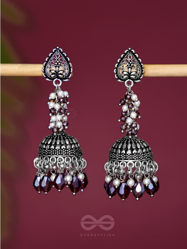 THE TINSEL SWIRLS - BEADED OXIDISED JHUMKA EARRINGS (BROWN)