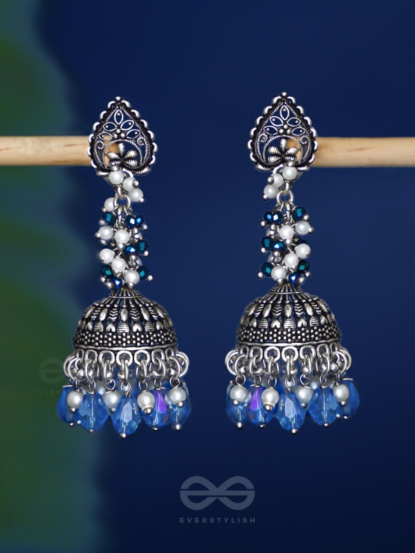 The Tinsel Swirls - Beaded Oxidised Jhumka Earrings (Blue)