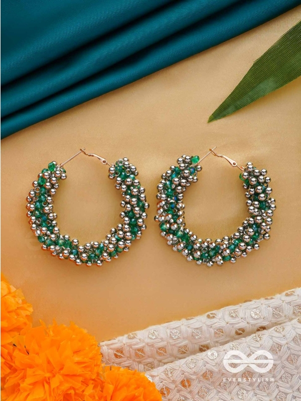 THE MISTLETOE MARVELS - BEADED HOOP EARRINGS (SILVER AND GREEN)